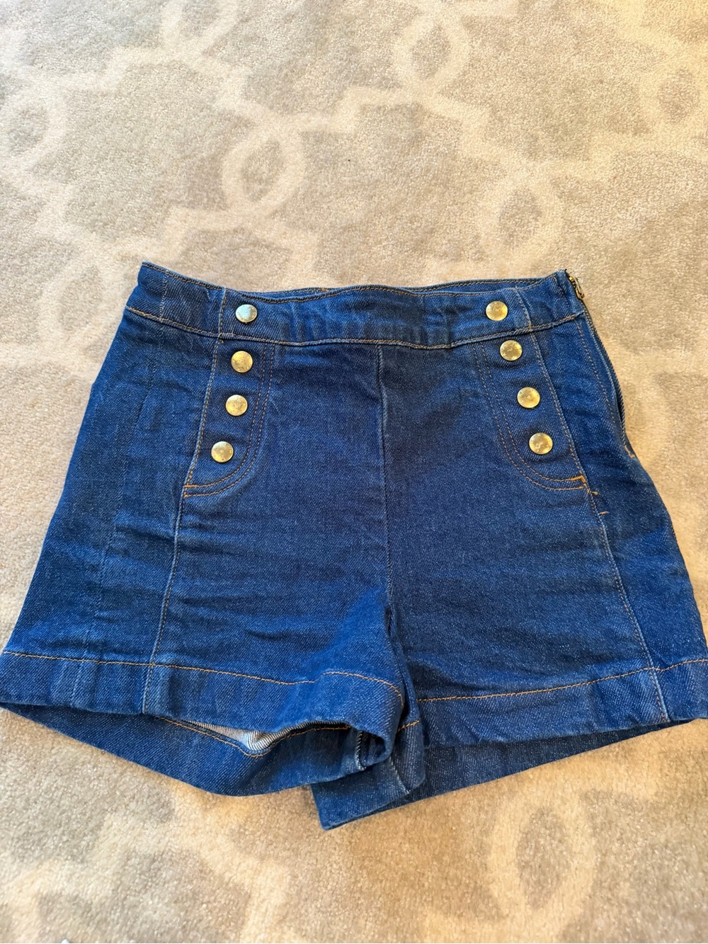 Frame Denim Navy Blue High-Waist Sailor Shorts with Gold Buttons